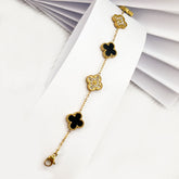 Black Clover & Crystal Charm Bracelet – Gold Plated Elegance